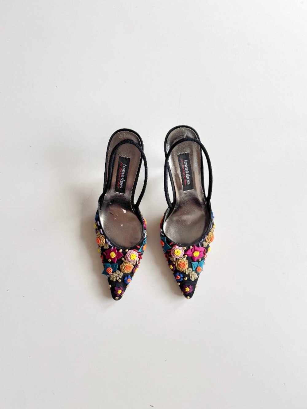 Vintage TOWN SHOES Black Satin Floral Embellished Slingback High Heels, Size 7.5